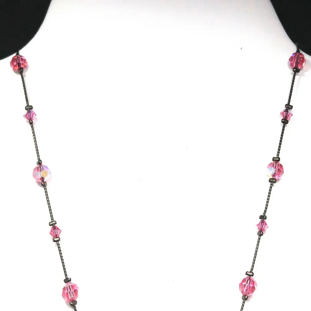 Dabby Reid Pink Swarovski Crystal Necklace, AB Beads, Dark Chain Vintage Jewelry
